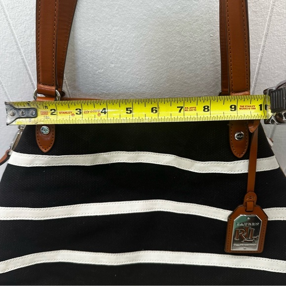 Lauren Ralph Lauren Black White Striped Canvas Tote Bag, Tan Base, Leather Trim - Picture 8 of 13